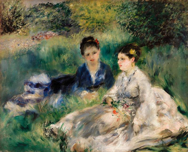 On the Grass (Jeunes femmes assises dans l'herbe) (1873) by Pierre-Auguste Renoir. Original from Barnes Foundation. Digitally…