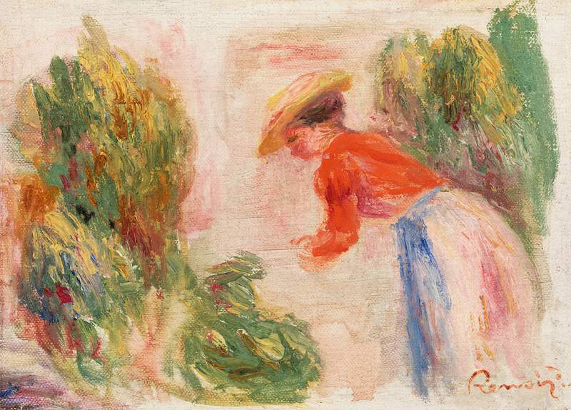 Woman Gathering Flowers (Femme cueillant des fleurs) (1906–1910) by Pierre-Auguste Renoir. Original from Barnes…