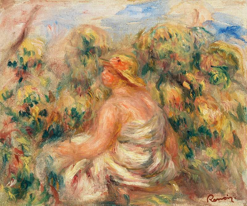 Woman with Hat in a Landscape (Femme avec chapeau dans un paysage) (1918) by Pierre-Auguste Renoir. Original from Barnes…