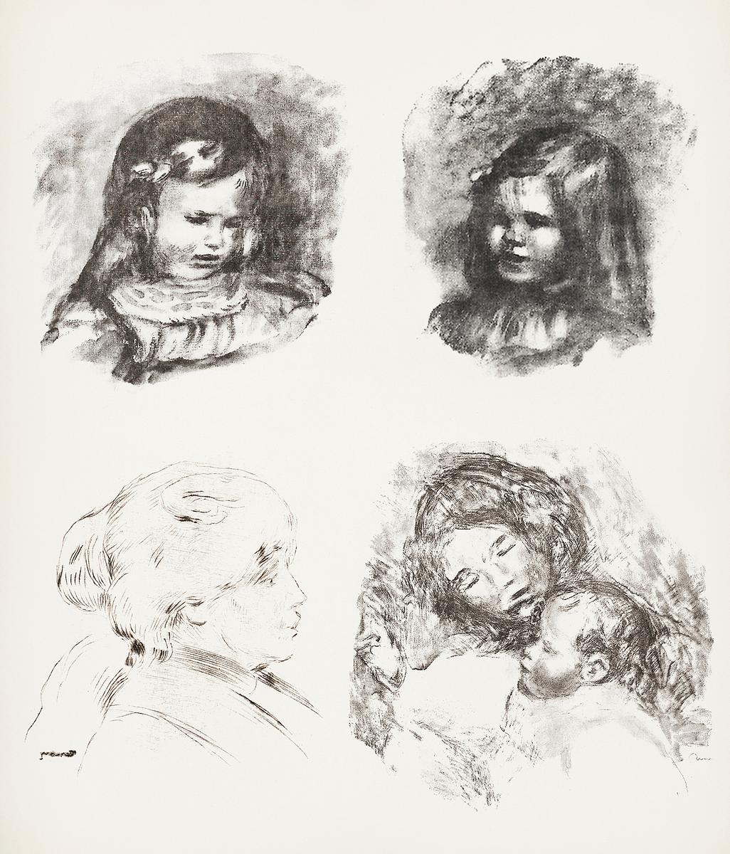 Artwork by Pierre–Auguste Renoir | Free public domain illustration Lithograph of Claude Renoir, Head Lowered (1904), Claude Renoir, Turned to the Left (1904), Berthe Morisot (1892), and…