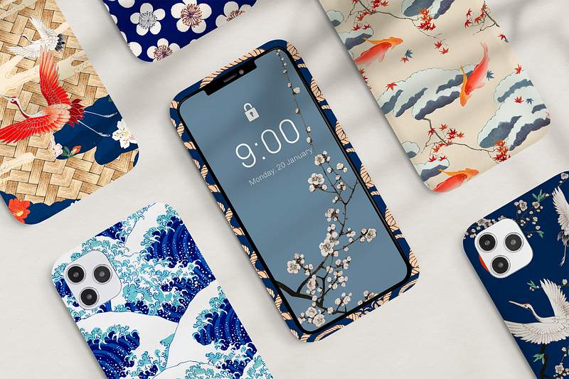 Traditional Japanese mobile phone case… | Royalty free stock Illustration | High Resolution graphic Traditional Japanese mobile phone case pattern psd set, remix of artwork by Watanabe Seitei