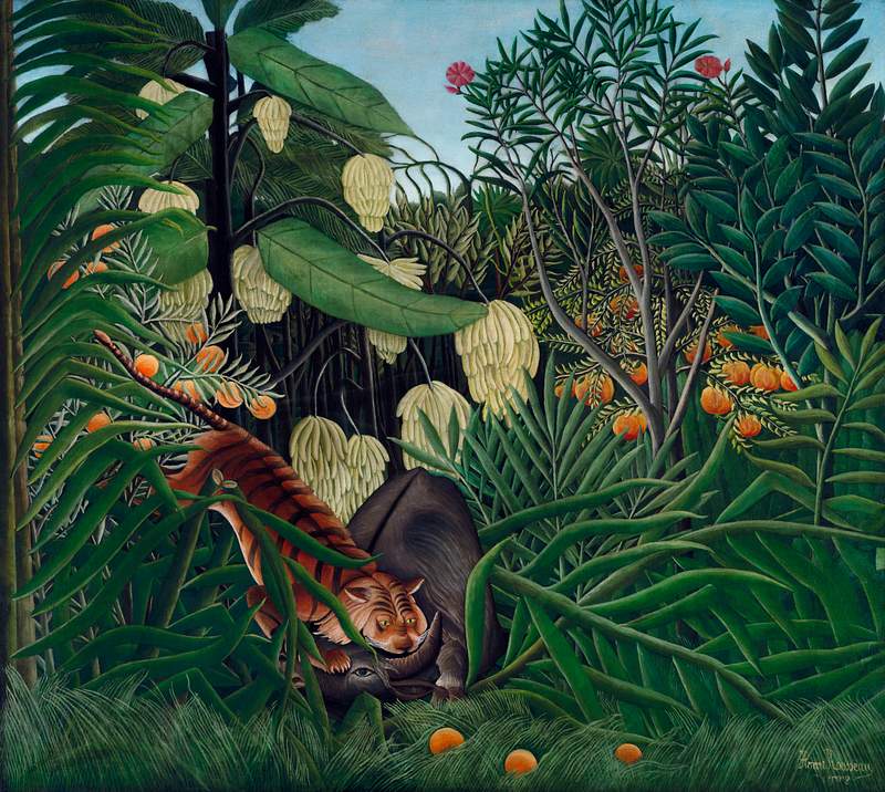 Fight between a Tiger and a Buffalo (1908) by Henri Rousseau.. Original from The Cleveland Museum of Art. Digitally enhanced…