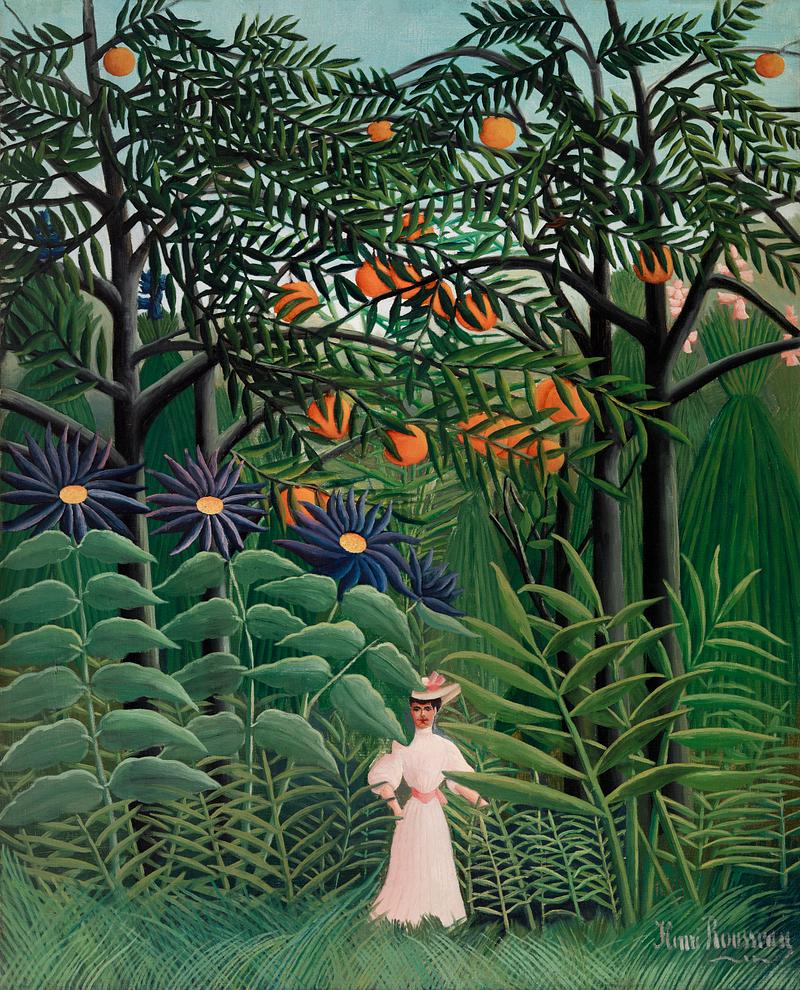 Post impressionism artwork by Henri Rousseau Woman Walking in an Exotic Forest (Femme se promenant dans une forêt exotique) (1905) by Henri Rousseau. Original from…