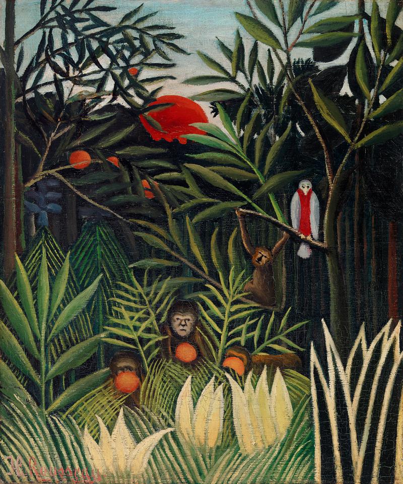 Post impressionism artwork by Henri Rousseau Monkeys and Parrot in the Virgin Forest (Singes et perroquet dans la forêt vierge) (ca. 1905–1906) by Henri…