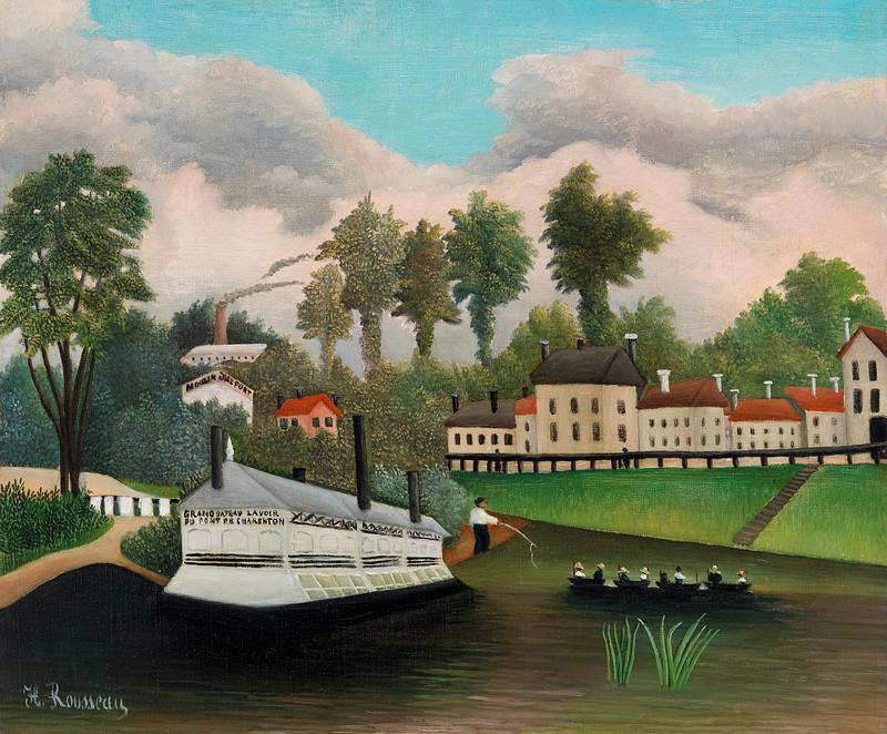 Post impressionism artwork by Henri Rousseau The Laundry Boat of Pont de Charenton (Le Bateau-lavoir du Pont de Charenton) (ca. 1895) by Henri Rousseau. Original from…