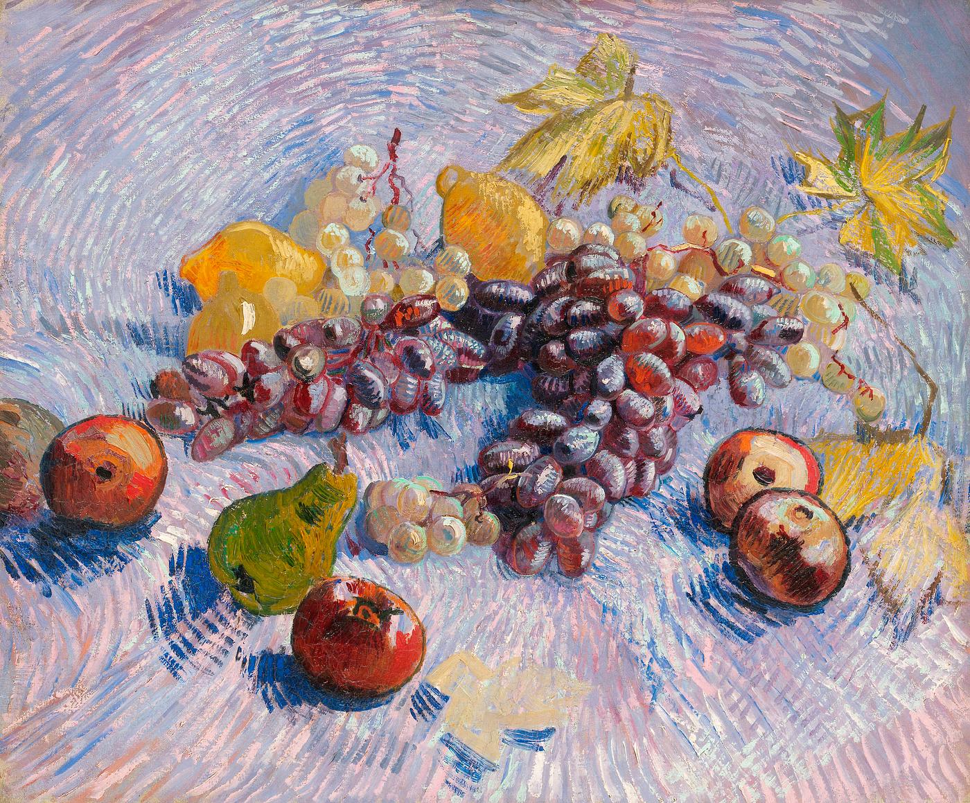 Grapes, Lemons, Pears, and Apples (1887) by Vincent Van Gogh. Original from the Art Institute of Chicago. Digitally enhanced... Grapes, Lemons, Pears, and Apples (1887) by Vincent Van Gogh. Original from the Art Institute of Chicago. Digitally enhanced...