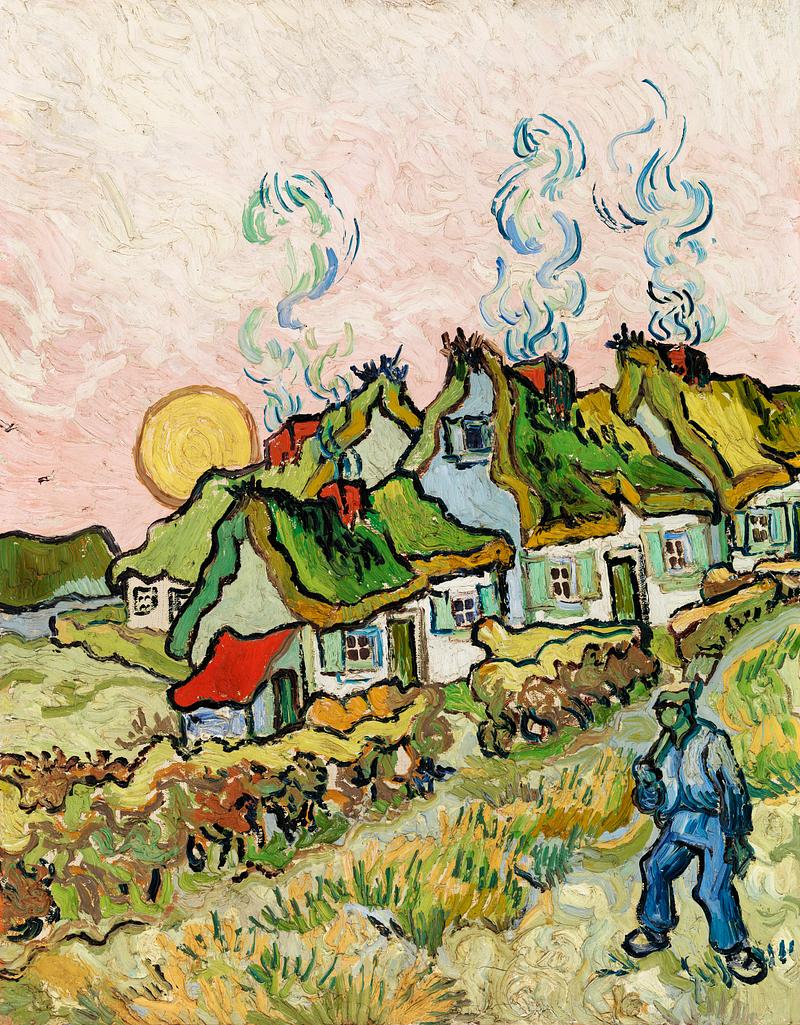 Houses and Figure (1890) by Vincent Van Gogh. Original from the Barnes Foundation. Digitally enhanced by rawpixel. Houses and Figure (1890) by Vincent Van Gogh. Original from the Barnes Foundation. Digitally enhanced by rawpixel.