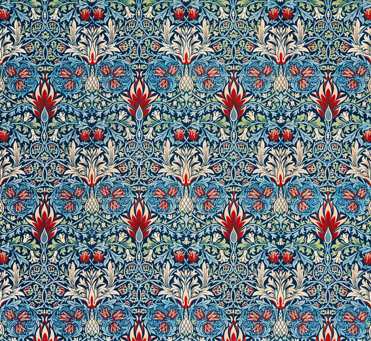 Snakeshead, William Morris, 1876: A detailed flowery design in blue, red, yellow and green, with leaf accents.