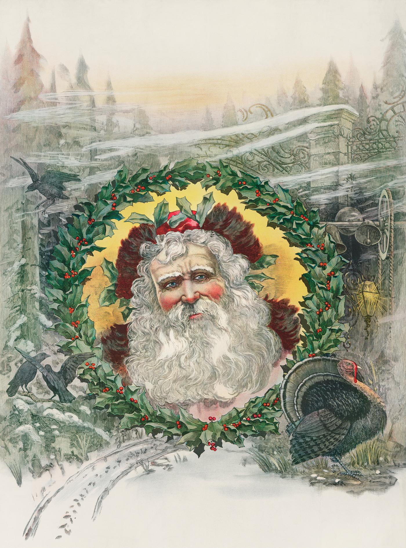 Santa Claus's Face in the Middle of a Christmas Wreath Surrounded by Trees and Turkey by St. Louis. Great Western... Santa Claus's Face in the Middle of a Christmas Wreath Surrounded by Trees and Turkey by St. Louis. Great Western...