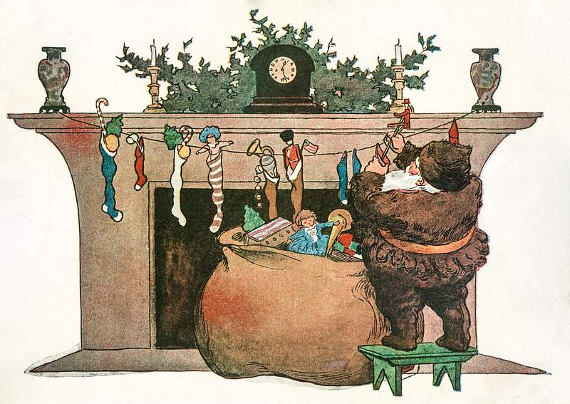 Santa with a bag of toys | Free public domain illustration He spoke not a word, but went straight to his work by Jessie Wilcox Smith (1863-1935). Original from The New York Public…