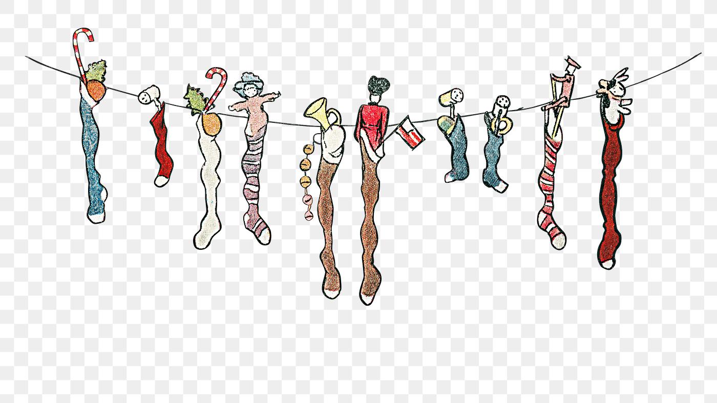 Hanging stockings Festive Christmas stockings on a clothesline illustration