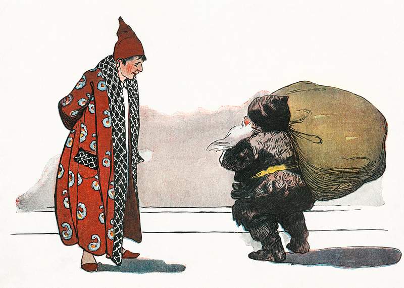 Man with a bag of toys | Free public domain illustration A Man with a Bundle of Toys Flung on His Back by Jessie Wilcox Smith (1863-1935). Original from The New York Public Library.…