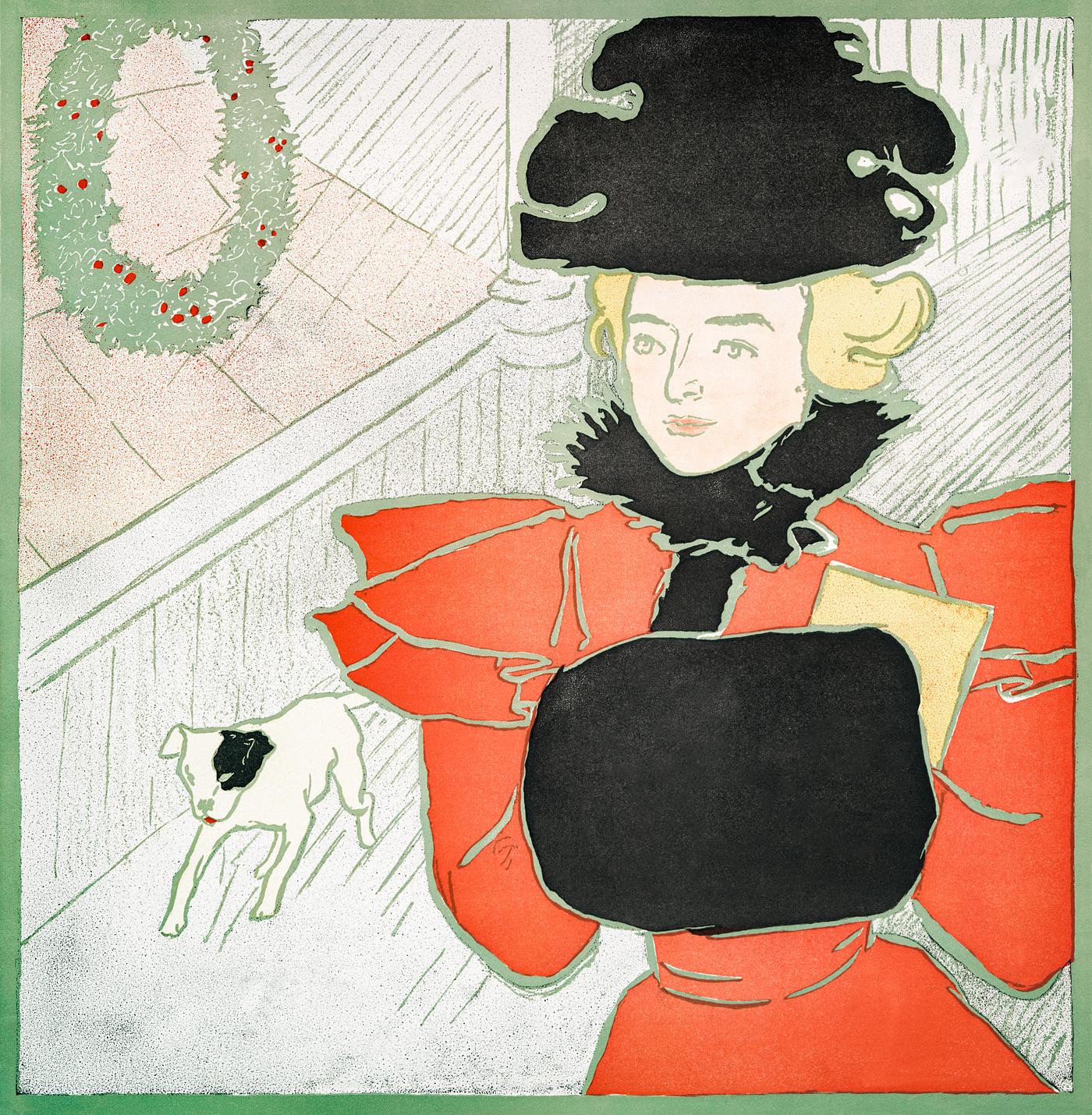 Woman with dog and holly illustration Vintage Christmas Card (ca. 1890–1907) by Edward Penfield. Original from The New York Public Library. Digitally...