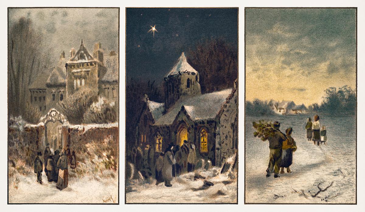 Winter landscape at night and dawn | Free public domain illustration Christmas Card Depicting Winter Scenes (1865–1899) by L. Prang & Co. Original from The New York Public Library.…