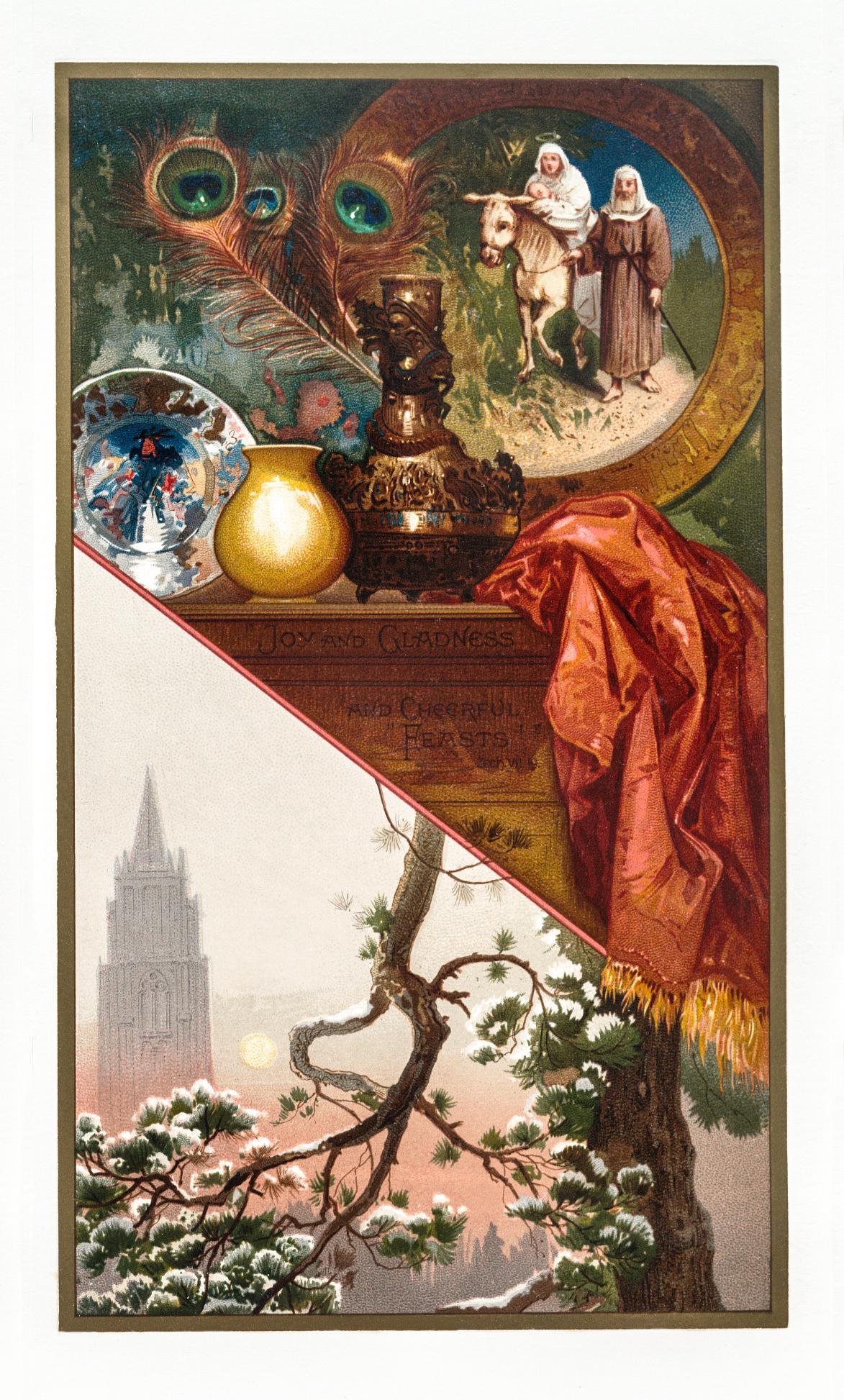 Vintage Christmas card Christmas Card Depicting Mantle Display, Holly, and the Moon (1865–1899) by L. Prang & Co. Original from The New...