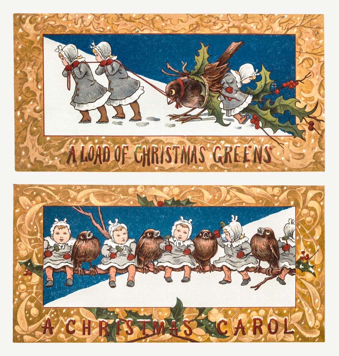 Vintage Christmas card | Free public domain illustration Christmas Card Depicting Children and Birds (1865–1899) by L. Prang & Co. Original from The New York Public Library.…