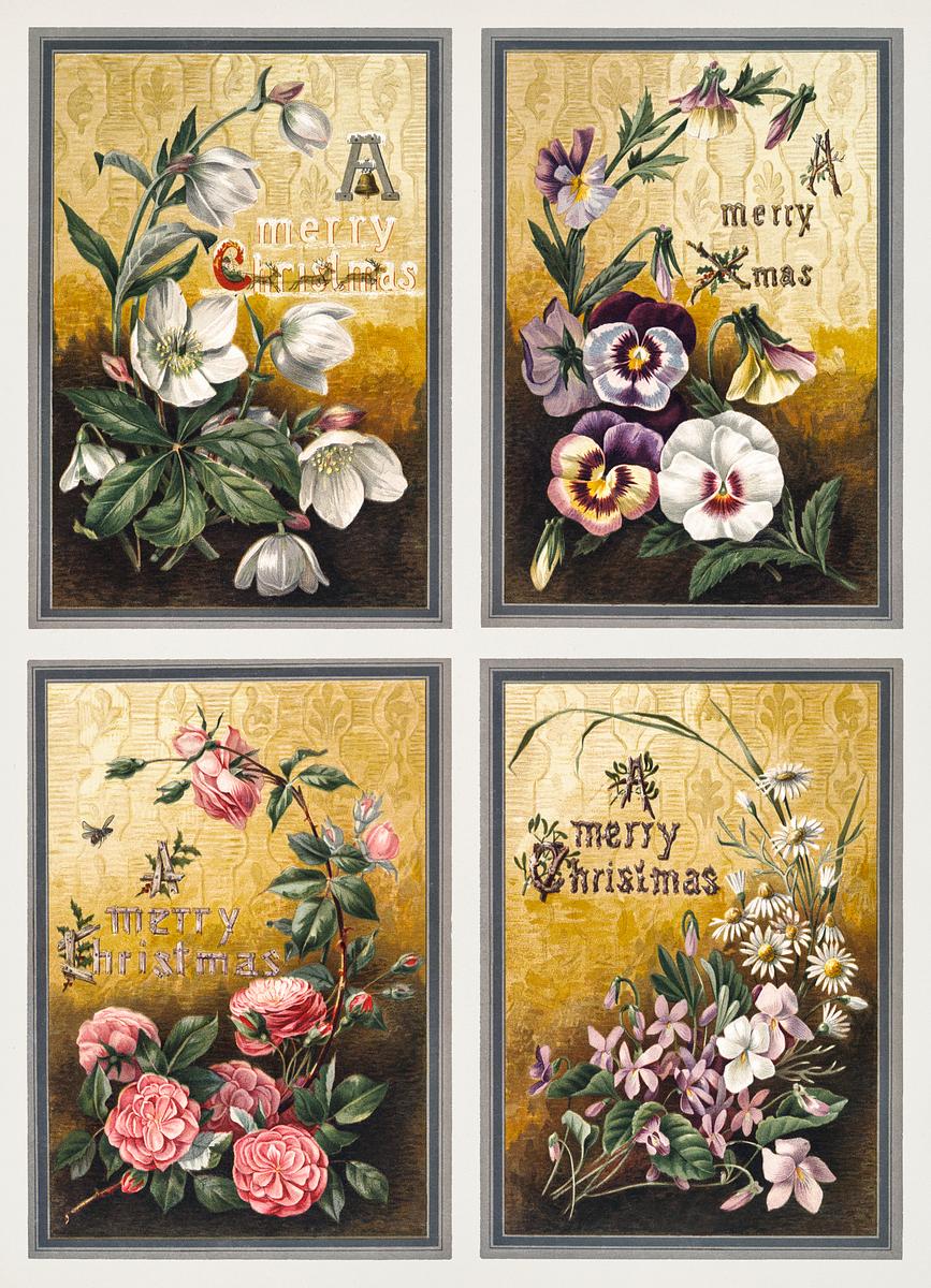Vintage Christmas card | Free public domain illustration Christmas Cards Depicting Flowers and Reindeer with Sled (1865–1899) by L. Prang & Co. Original from The New York…