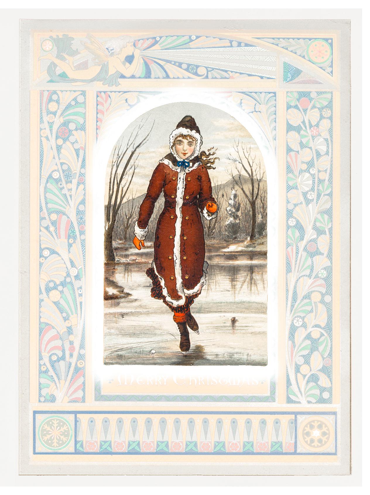Woman ice-skating illustration Christmas Card Depicting Woman Ice-Skating (1865–1899) by L. Prang & Co. Original from The New York Public Library...