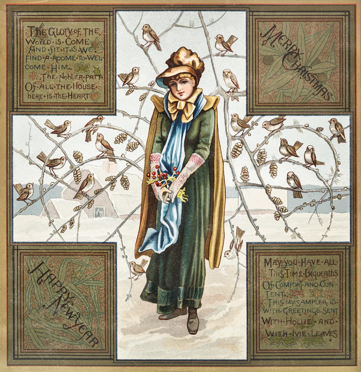 Vintage Christmas card | Free public domain illustration Christmas Card Depicting Woman and Birds (1865–1899) by L. Prang & Co. Original from The New York Public Library.…