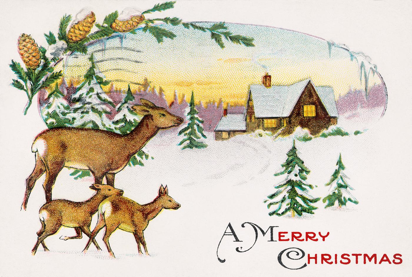 Winter landscape with deers A Merry Christmas (1920) Stecher Lithographic Co. Original from The New York Public Library. Digitally enhanced by rawpixel.
