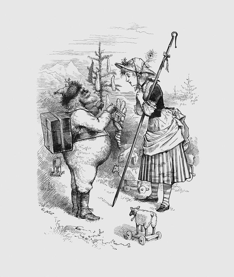 Vintage christmas characters illustraion | Free public domain illustration Santa Claus and Little Bo Peep (1879) by
Thomas Nast. Original from The MET Museum. Digitally enhanced by rawpixel.