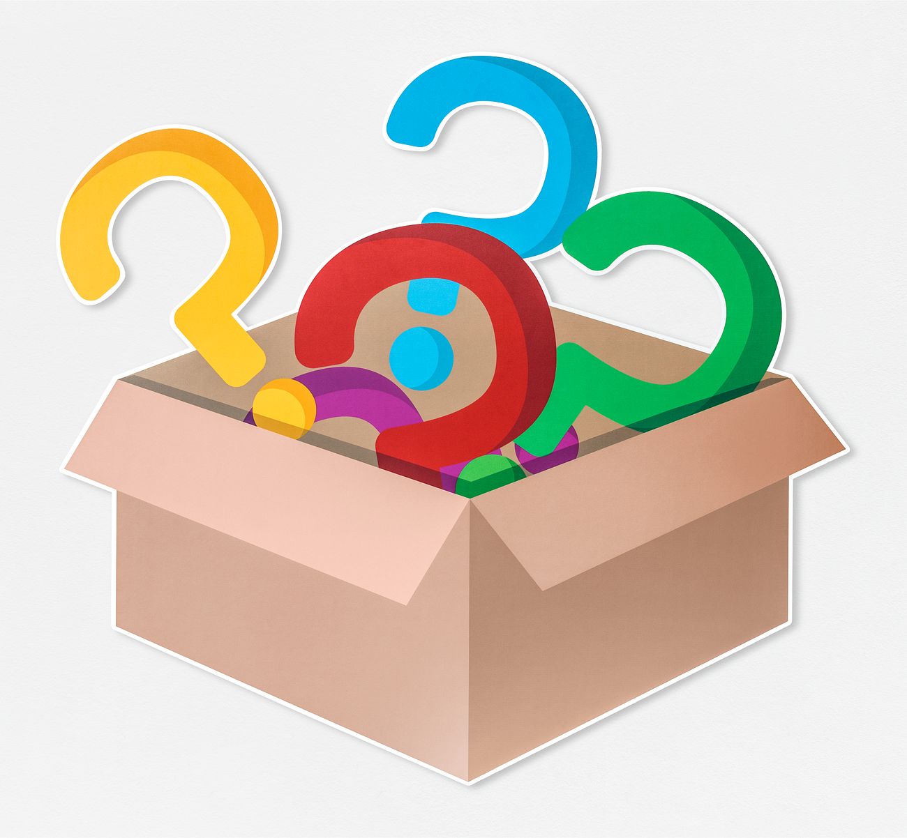 Download Colorful question mark icons in an open box | Royalty free psd mockup - 514585