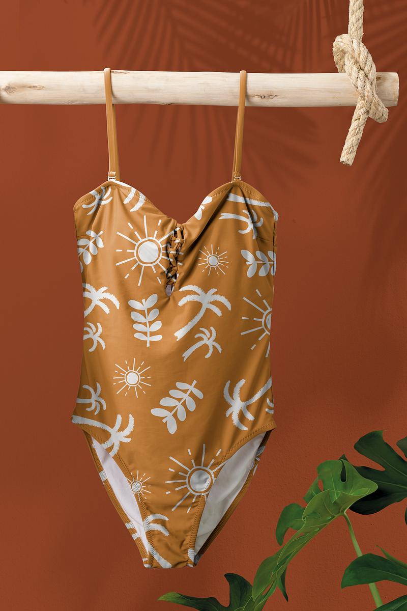Swimsuit mockup, tropical patterned swimwear, | Premium PSD Mockup