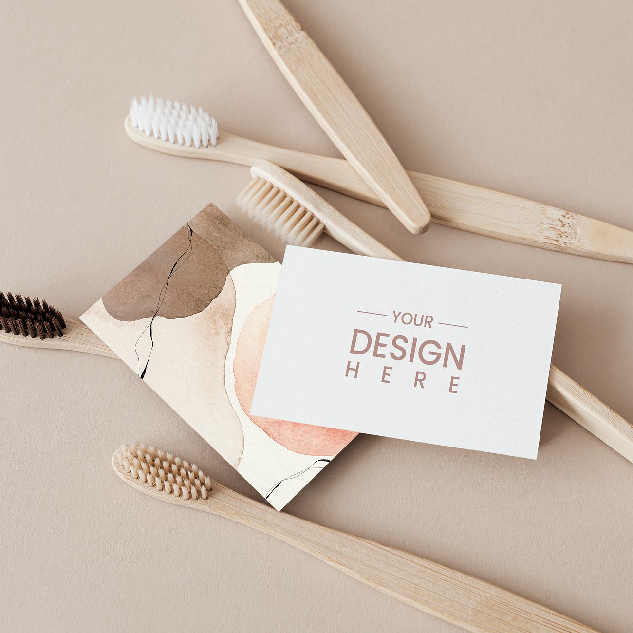 Download Bamboo toothbrushes and design card mockup | Royalty free psd mockup - 2258526
