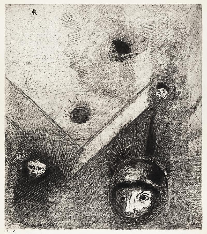 Artwork by Odilon Redon On Backdrop of Our Nights God with His Knowing Finger Traces a Multiform Implacable Nightmare (1890) by Odilon Redon.…