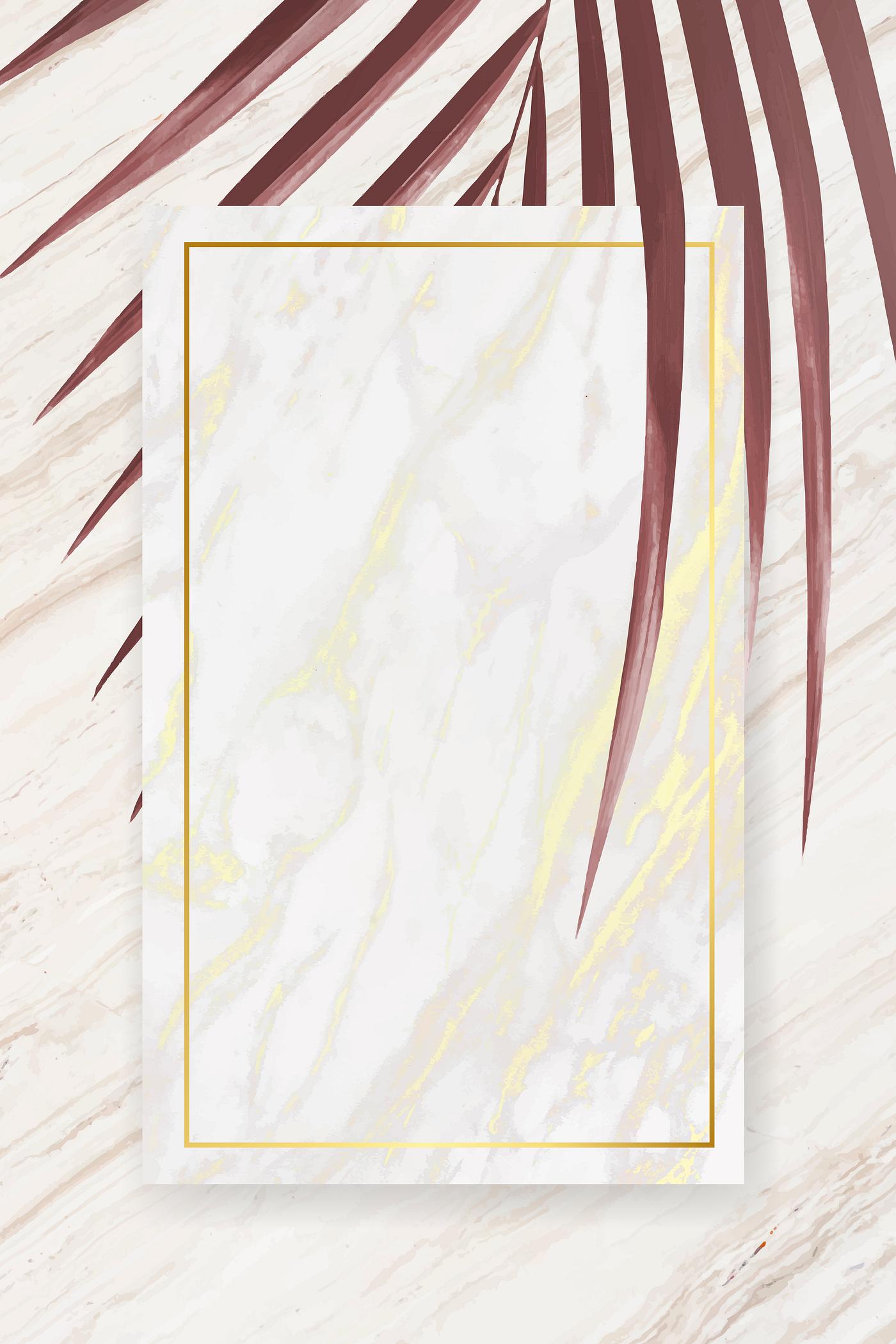 Rectangle gold frame on reddish brown palm leaf pattern white marble background vector Rectangle gold frame on reddish brown palm leaf pattern white marble background vector
