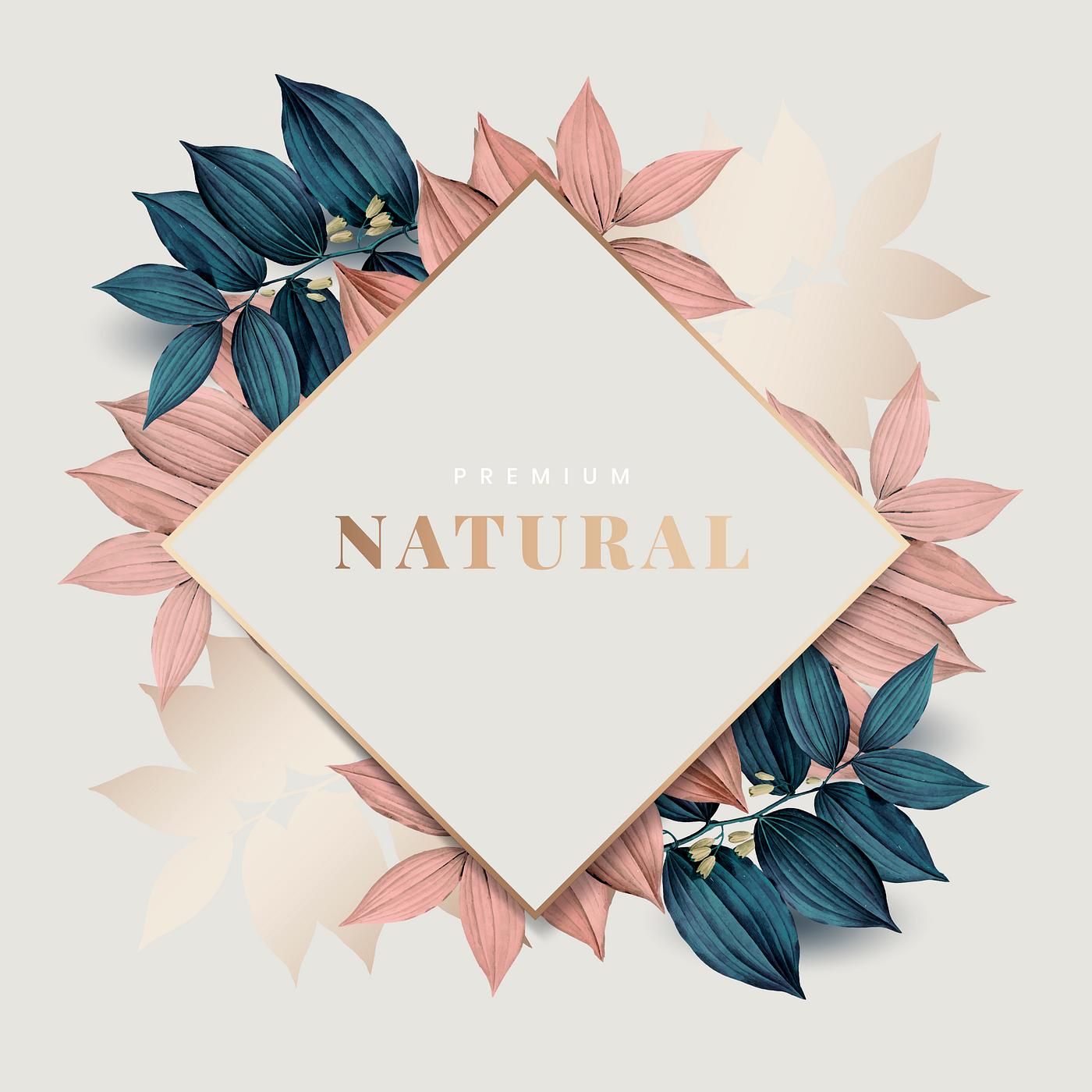 Feminine foliage frame Rhombus gold frame on pink and blue leaf pattern background vector