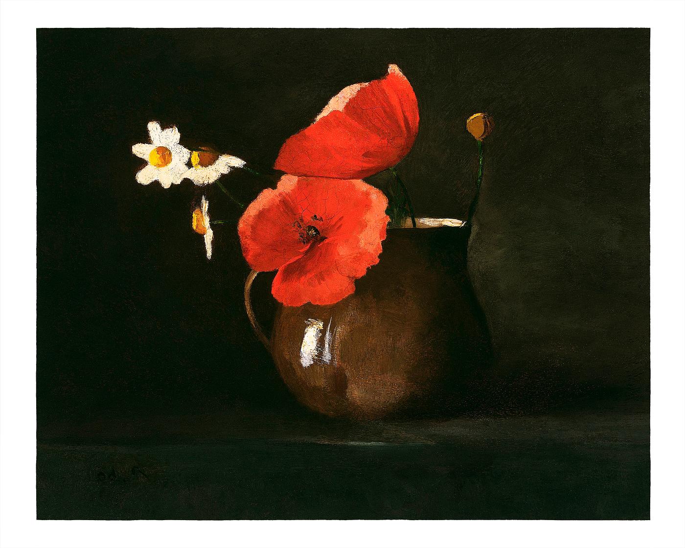 Poppies and Daisies by Odilon Redon Poppies and daisies vintage illustration wall art print and poster design remix from original artwork.