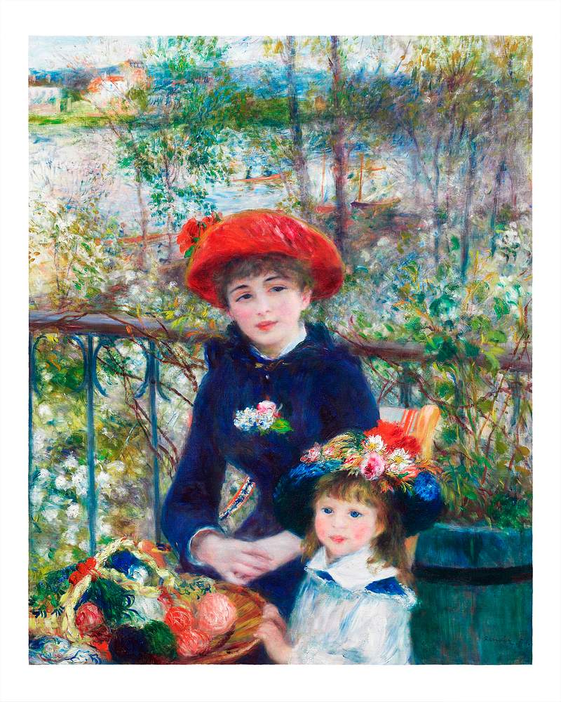 Artwork by Pierre–Auguste Renoir | Royalty free stock Illustration | High Resolution graphic Two sisters on the terrace illustration wall art print and poster design remix from original artwork.