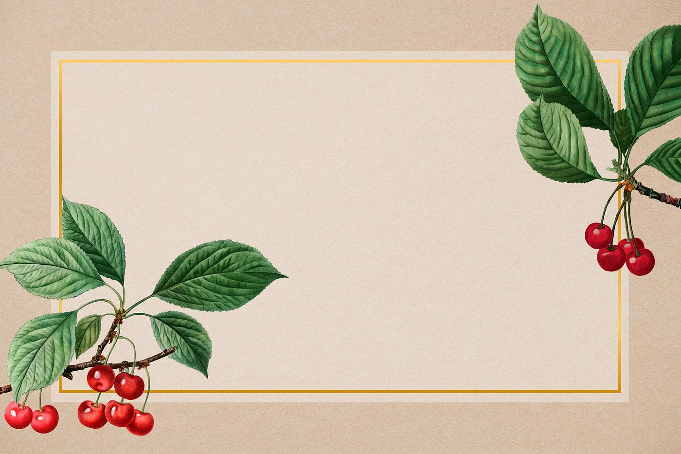 Hand drawn cherry pattern with rectangle gold frame illustration Hand drawn cherry pattern with rectangle gold frame illustration