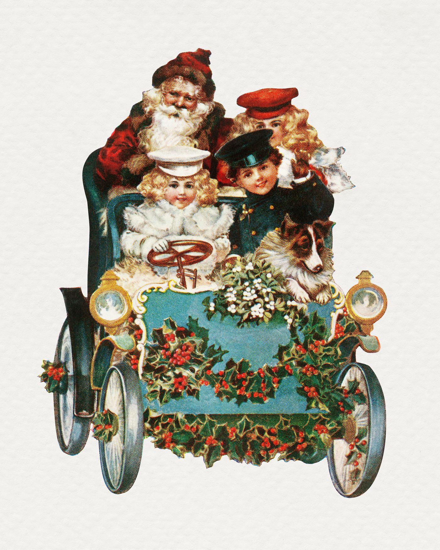 Children riding vintage car with Santa Santa Claus on a car with children sticker illustration