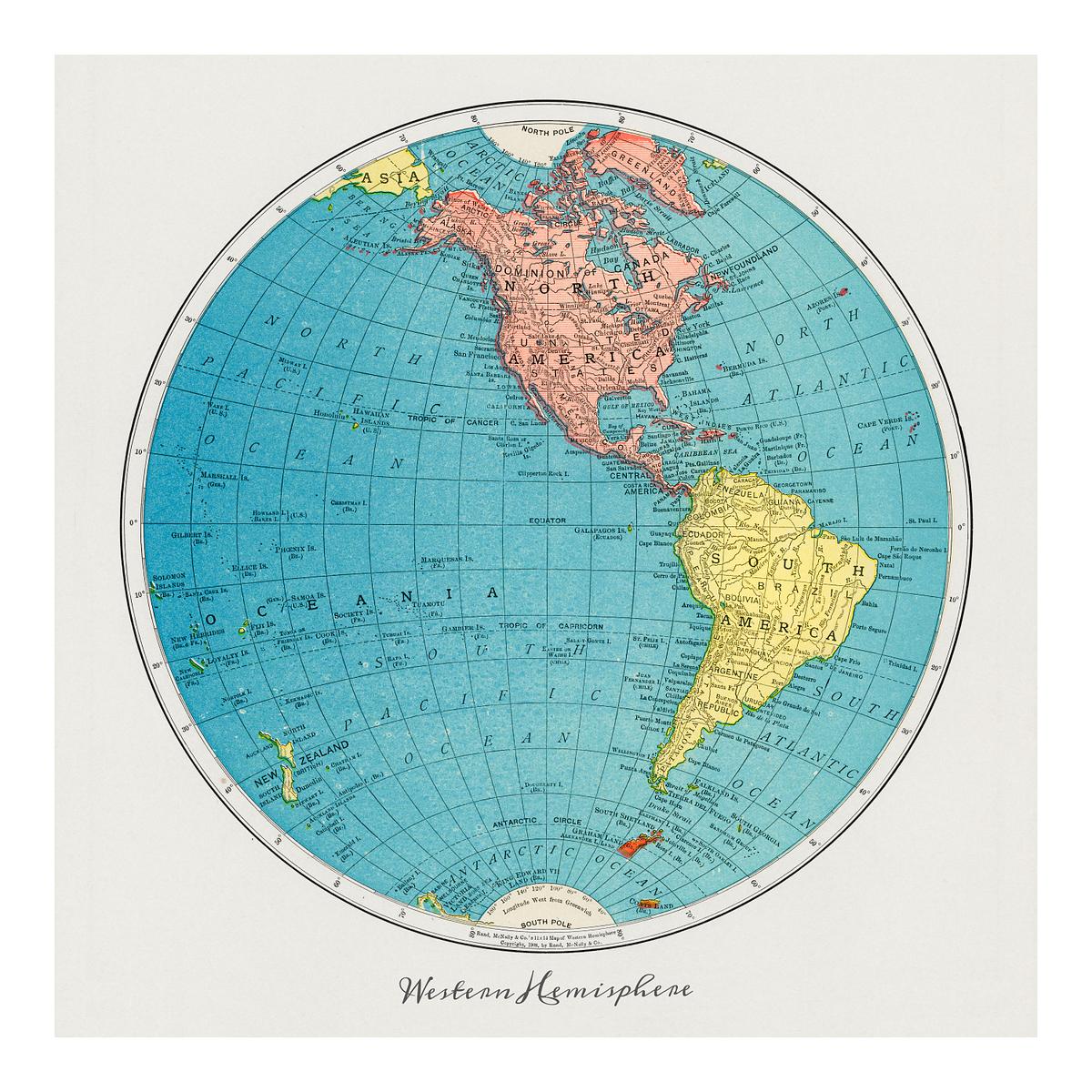 Western Hemisphere map vintage illustration… | Royalty free stock Illustration | High Resolution graphic Western Hemisphere map vintage illustration wall art print and poster design remix from original artwork.