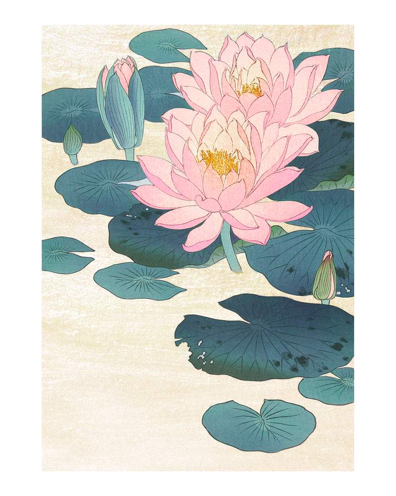 Water lily vintage wall art print poster… | Royalty free stock Illustration | High Resolution graphic Water lily vintage wall art print poster design remix from original artwork by Ohara Koson.