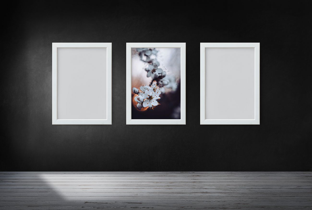 black wall frames with white mat