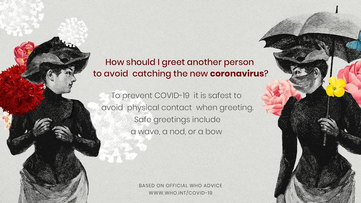 Advice on avoiding physical greeting during… | Free PSD | High resolution mockup Advice on avoiding physical greeting during the COVID-19 pandemic by WHO and vintage illustration psd mockup banner