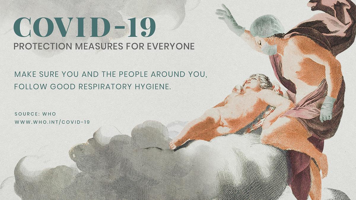 COVID-19 protection measure guide with… | Free PSD | High resolution mockup COVID-19 protection measure guide with ancient Greek painting remix illustration psd mockup banner
