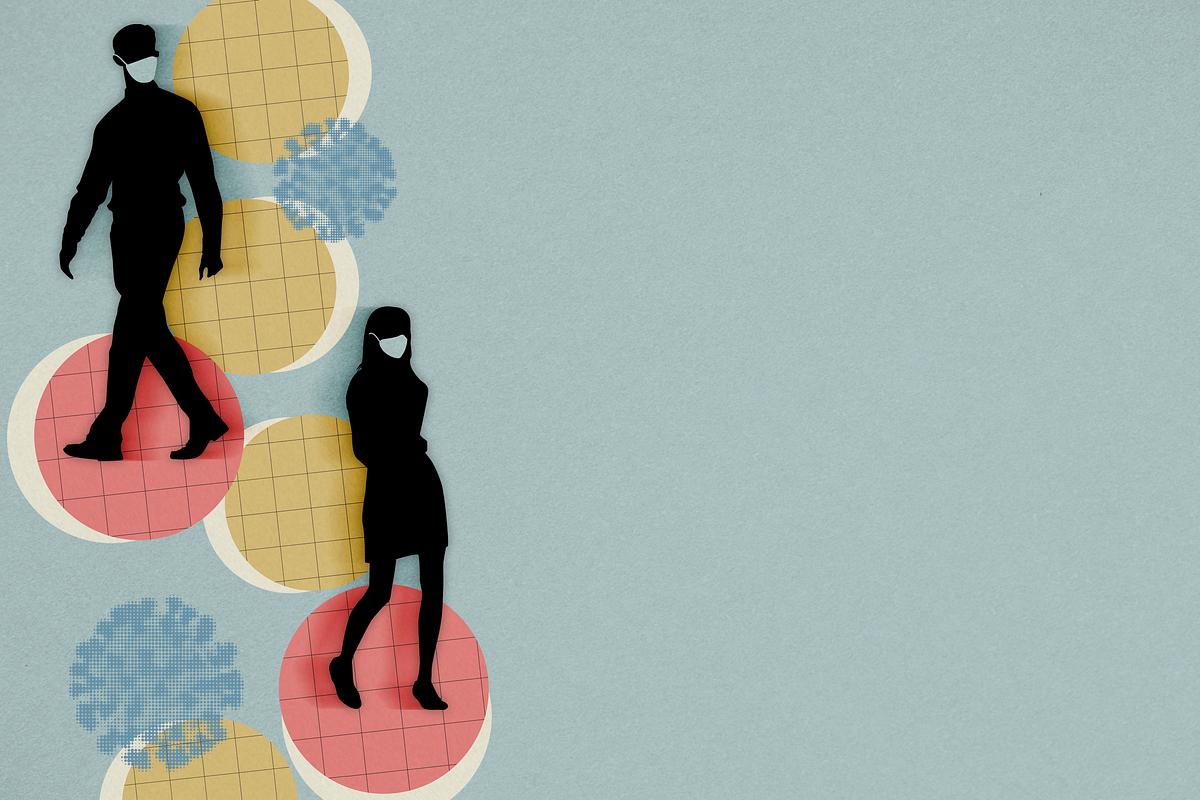People wearing face masks and having social… | Free stock illustration | High Resolution graphic People wearing face masks and having social distancing in public background illustration