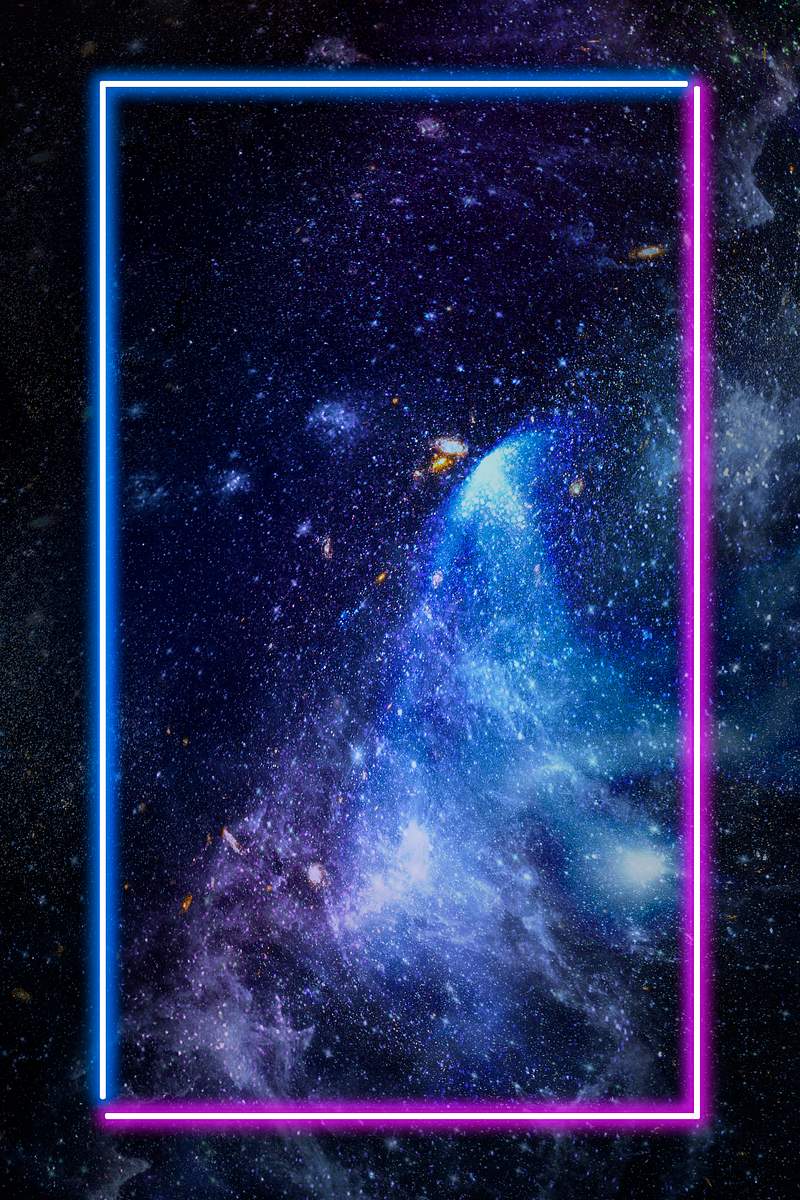 Pink And Blue Neon Frame On A Dark Galaxy Background Free