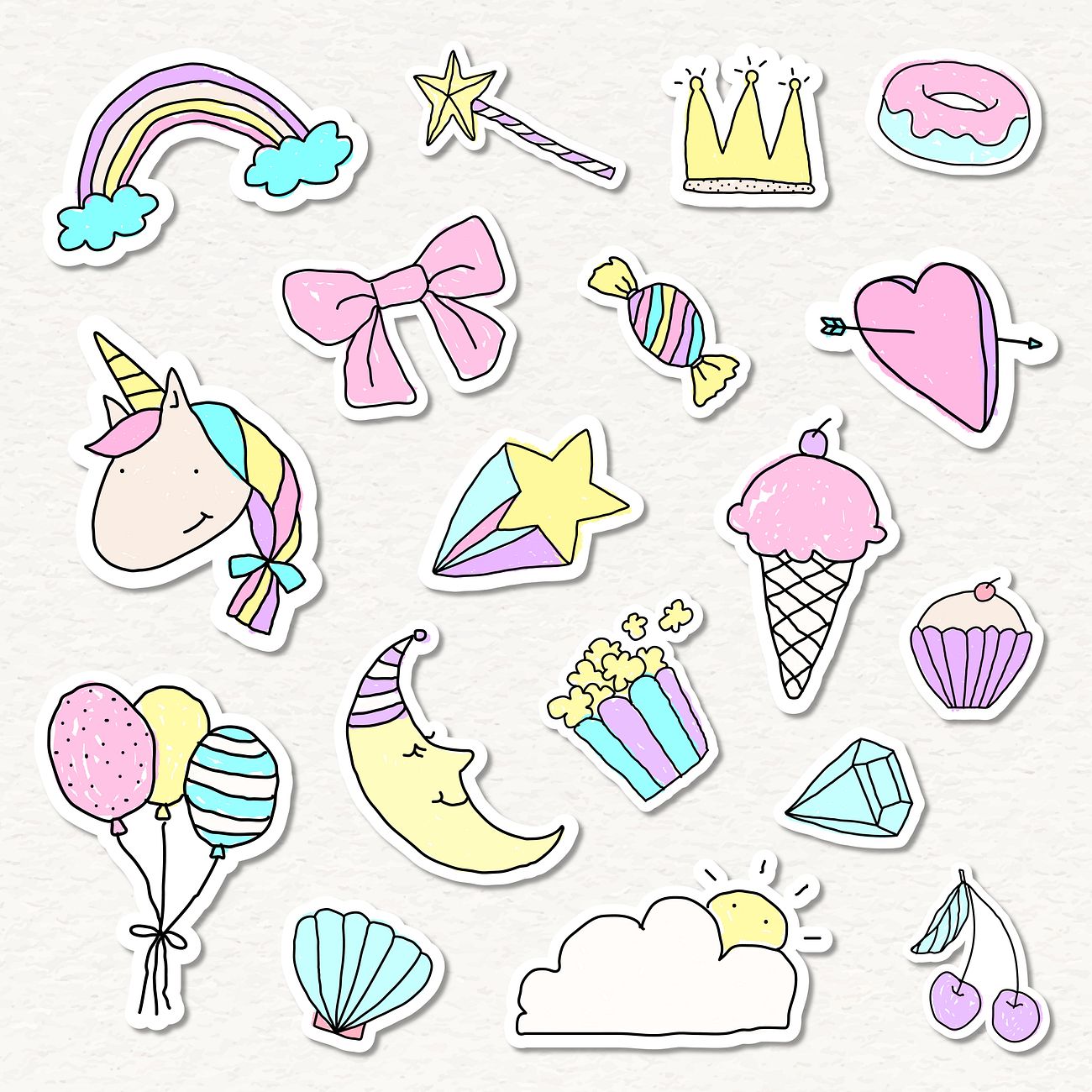 cute pastel doodle journal sticker with a white border set on a beige