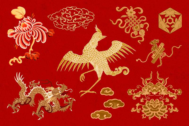 Oriental Chinese art psd animal gold… | Royalty free stock Illustration | High Resolution graphic Oriental Chinese art psd animal gold decorative ornament collection
