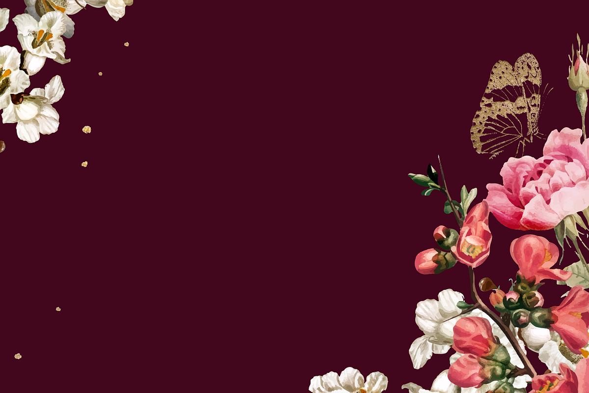 Elegant valentine's flowers border vector… | Royalty free stock Illustration | High Resolution graphic Elegant valentine's flowers border vector watercolor on red background