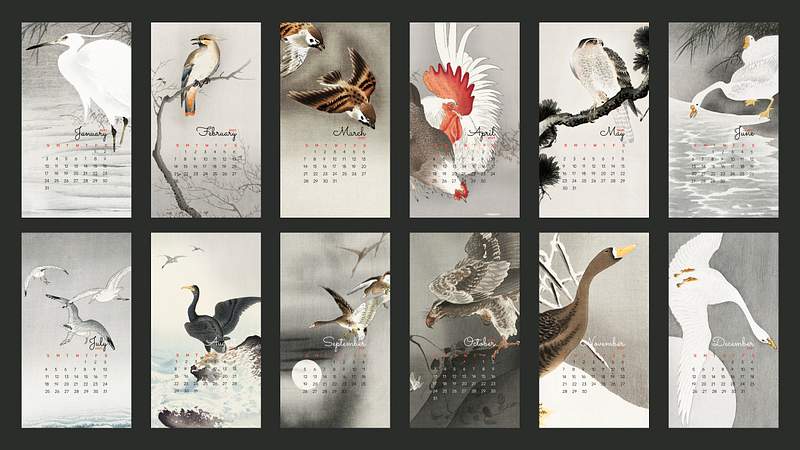 2021 calendar printable template psd set… | Royalty free stock Illustration | High Resolution graphic 2021 calendar printable template psd set Japanese bird remix from Ohara Koson