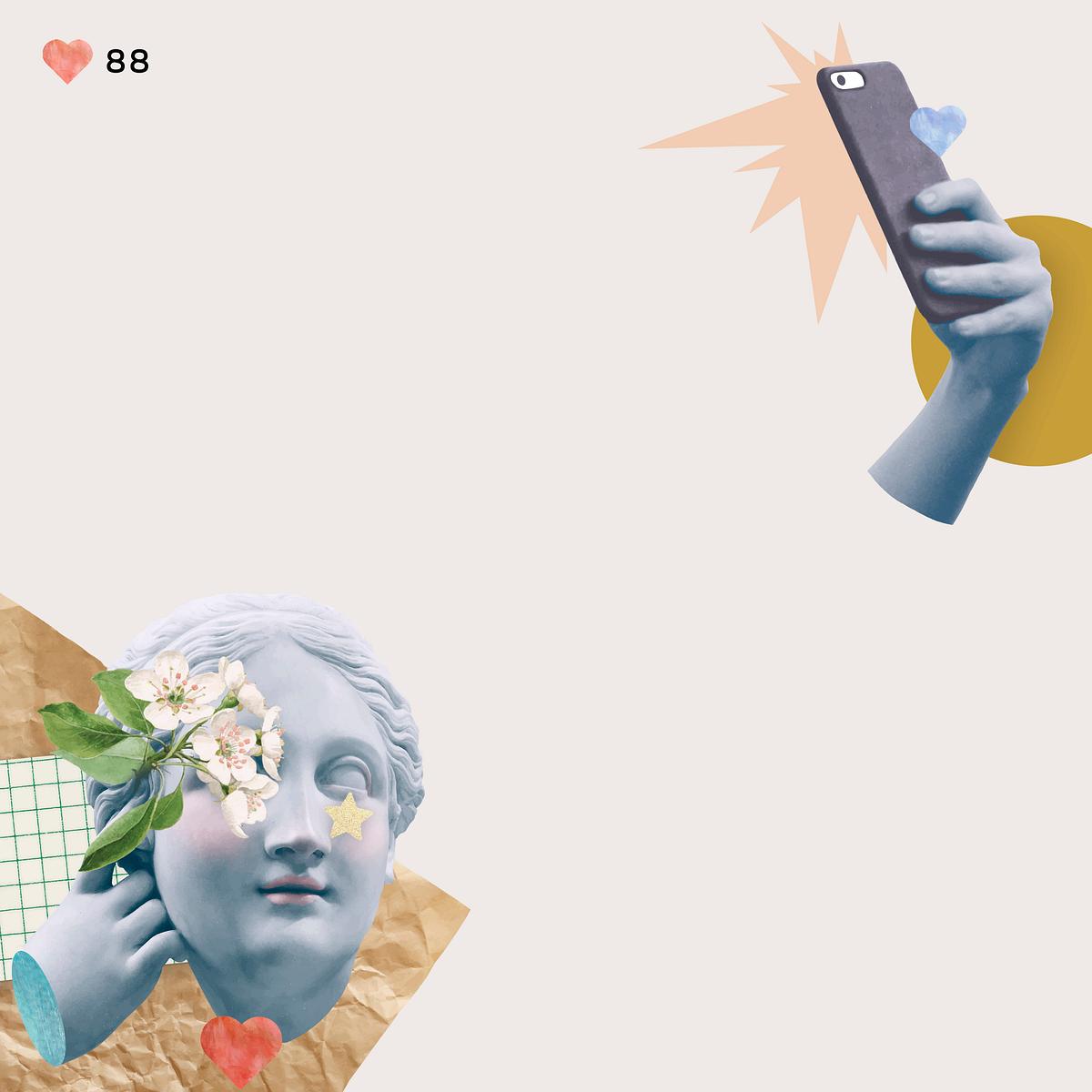 Selfie goddess statue psd border social media… | Royalty free stock Illustration | High Resolution graphic Selfie goddess statue psd border social media collage with design space