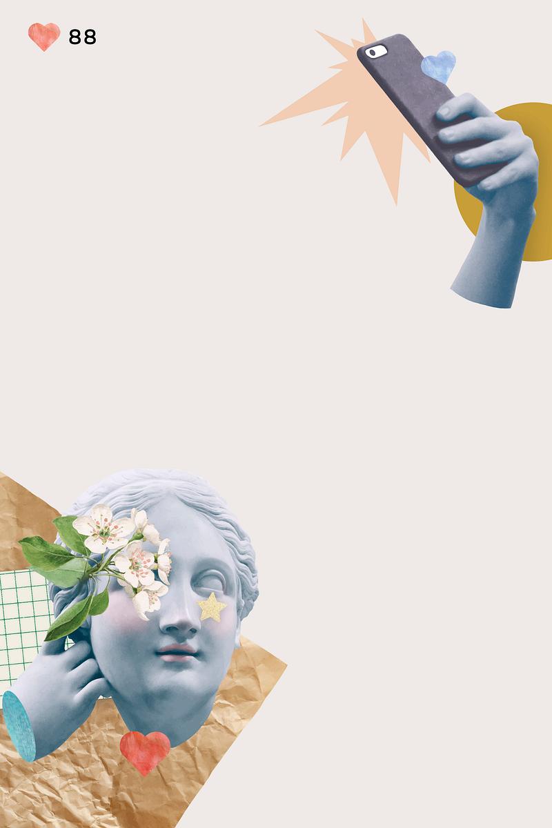 Selfie goddess statue vector border social… | Royalty free stock Illustration | High Resolution graphic Selfie goddess statue vector border social media collage with design space