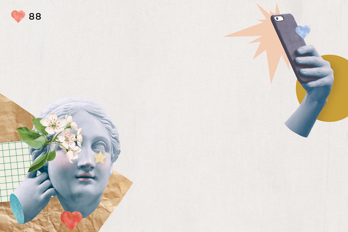 Selfie goddess statue psd border social media… | Royalty free stock Illustration | High Resolution graphic Selfie goddess statue psd border social media collage with design space
