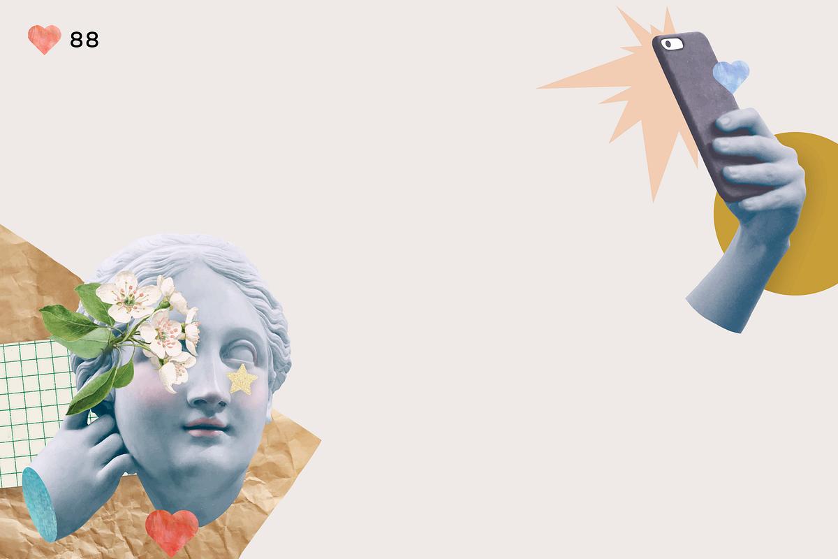 Selfie goddess statue vector border social… | Royalty free stock Illustration | High Resolution graphic Selfie goddess statue vector border social media collage with design space